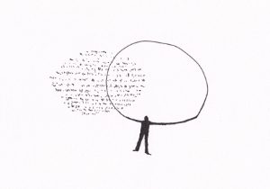 Mensch hält Kreis, Text flieht