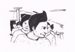 Menschen stehen in einer Reihe, mit Fokus auf Gesichter.