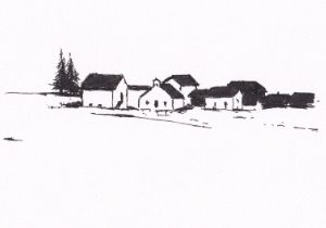 Die Skizze zeigt eine ländliche Ansammlung von Gebäuden, die von zwei Tannen flankiert werden, und vermittelt eine ruhige, einfache Szene