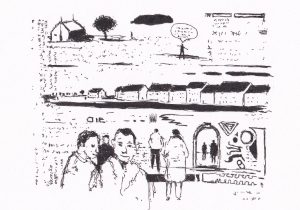 Menschen, Häuser und eine Landschaft sind in Skizzen dargestellt.