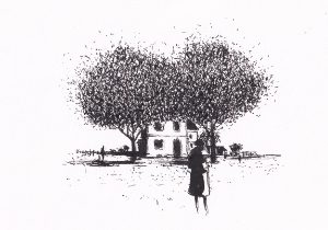 Eine Person steht vor einem Haus unter Bäumen