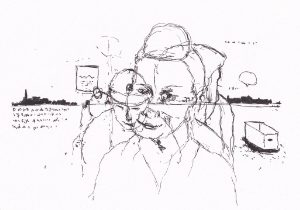 Menschen und Boote im Skizzenstil vor Stadtkulisse.