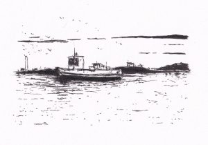 Boote im Wasser vor einer Küstenlinie mit Vögeln