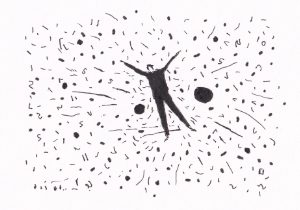 Eine Person umgeben von Punkten und Strichen