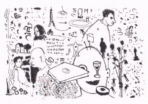 Eine Collage von Figuren und Symbolen in Schwarzweiss