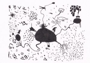 Abstrakte Zeichnung mit verschiedenen Symbolen und Formen