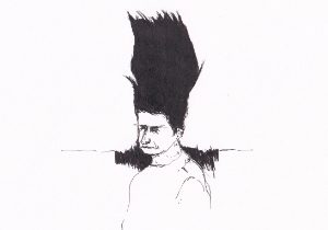 Die Skizze zeigt ein Porträt eines jungen Mannes mit auffällig hochtoupierter Frisur, der mit einer nachdenklichen Miene in eine imaginäre Ferne blickt
