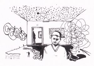 Mann steht in surrealer, abstrakter Umgebung