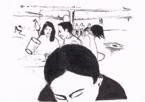 Menschen treffen sich an einem Tisch, einige trinken.