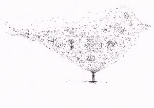 Eine minimalistische Federzeichnung zeigt eine einzelne Person, aus der eine Wolke winziger, stilisierten menschlicher Figuren und Symbole emaniert. die als geamtes die Form eines Vogels hat