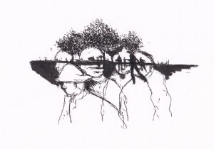 Menschen und Bäume verschmelzen in einer surreale Illustration