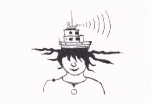 Ein Mann mit einem Schiff auf dem Kopf, von dem Funksignale ausgehen. Die Haare des Mannes scheinen sich zu Wellen oder Tentakeln zu entwickeln