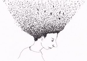 Eine Person schaut nach unten, und aus ihrem Kopf fliegen kleine Symbole, Buchstaben und Silhouetten von Menschen. Die Skizze zeigt einen Sturm der Gedanken oder eine innere Unruhe dar.
