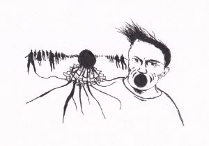 Mann schreit vor einer Gruppe von Menschen und einem Tentakelmonster