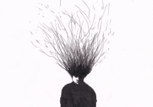 Kopf eines Mannes, aus dem Haare wild in die Höhe reicht