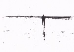 Person steht im Wasser und spiegelt sichim Wasser
