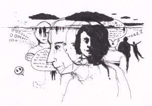 Abstrakte Gesichter und Silhouetten vor einem Horizont