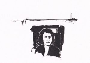 Unten ist ein Porträt einer Frau, darüber eine Landschaft mit Menschen, einem Schiff und einem Leuchtturm