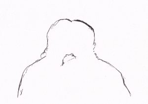 Skizze von zwei Personen, die sich umarmen, mit Fokus auf ihre Schultern und Köpfe. Die Konturen sind andeutungsweise gezeichnet