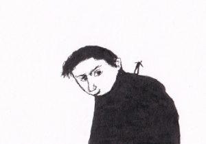 Ein Mann schaut über die Schulter zu einer figur die auf seiner Schulter steht