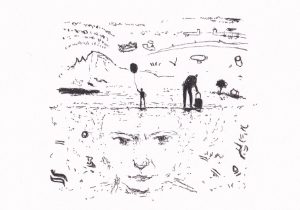 Eine Skizze, die ein Gesicht im Vordergrund zeigt, über dem eine Landschaft mit einigen Figuren und Objekten abgebildet ist. Die Szene wirkt surrelistisch und traumhaft.