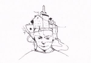 Skizze eines Kopfes, auf dem eine Stadt mit Gebäuden und Bäumen dargestellt ist. Es handelt sich um eine surreale Darstellung, die die Gedanken oder die innere Welt einer Person symbolisiert