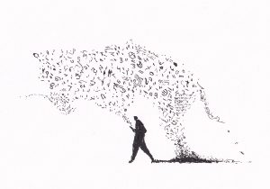 Skizze einer Person, die auf ein Smartphone schaut, erzeugt eine Welle aus Buchstaben und Zahlen, die eine grosse, schemenhafte Form bilden – Schwarz-Tinte auf Papier