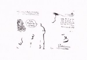 Die Zeichnung zeigt eine Collage aus verschiedenen Skizzen. Darunter sind Gesichter, eine Figur im Profil, Schriftzüge und eine kleine Zeichnung eines Schiffes auf dem Wasser zu sehen