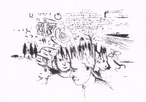 Die Skizze zeigt eine surreale Collage aus Gesichtern, Figuren, Zahlen und Objekten. Es ist eine Mischung aus menschlichen Elementen, Natur und abstrakten Symbolen.
