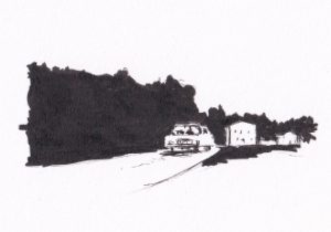 Ein Auto fährt auf einer Strasse an Bäumen und einem Haus vorbei.